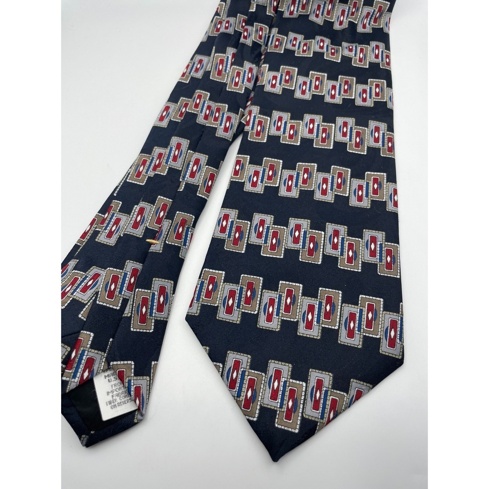 Town Craft Mens Navy Blue Red Geometric Box Pattern Polyester Necktie Made USA